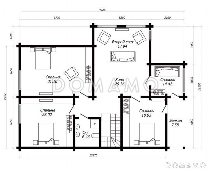 Проект дома из клееного бруса с тремя террасами / План мансардного этажа