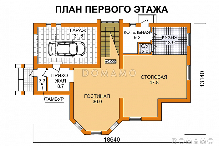 Проект двухэтажного дома с гаражом, просторным балконом и большой столовой / План 1 этажа Проект двухэтажного дома с гаражом, просторным балконом и большой столовой / План 1 этажа