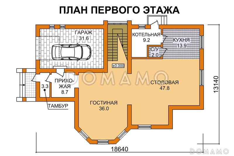 Проект двухэтажного дома с гаражом, просторным балконом и большой столовой / План 1 этажа