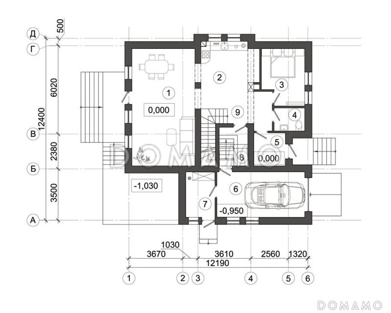 Проект загородного дома с удобным расположением внутренней лестницы / План 1 этажа