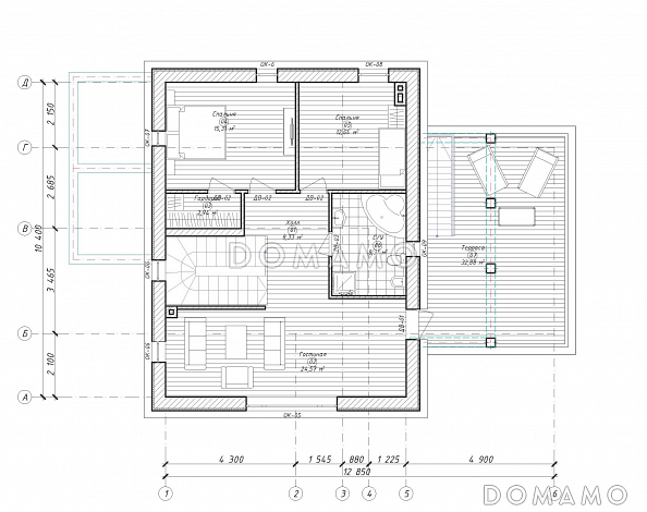 Проект загородного дома с плоской кровлей в стиле хай-тек S-228 / План 2 этажа Проект загородного дома с плоской кровлей в стиле хай-тек S-228 / План 2 этажа