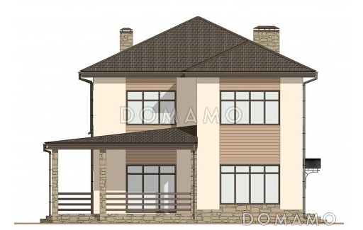 Проект двухэтажного дома с тремя спальнями наверху и одной внизу, крытой террасой и котельной / Фасад 4