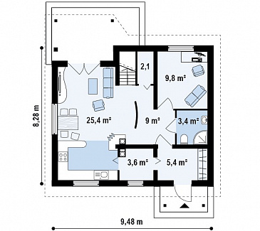 Проект уютного мансардного дома из кирпича с тремя спальнями и кабинетом / План 1 этажа