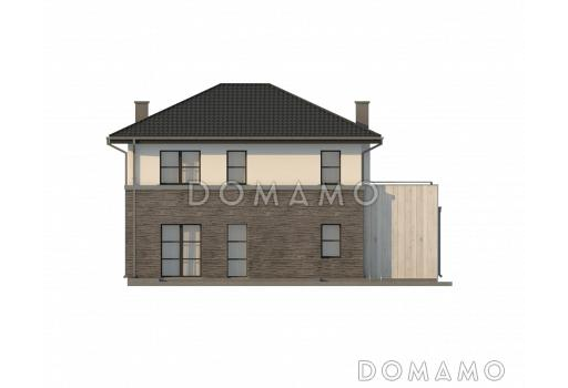 Проект обновлённого двухэтажного дома из кирпича с гаражом и большой террасой на втором этаже / Фасад 3