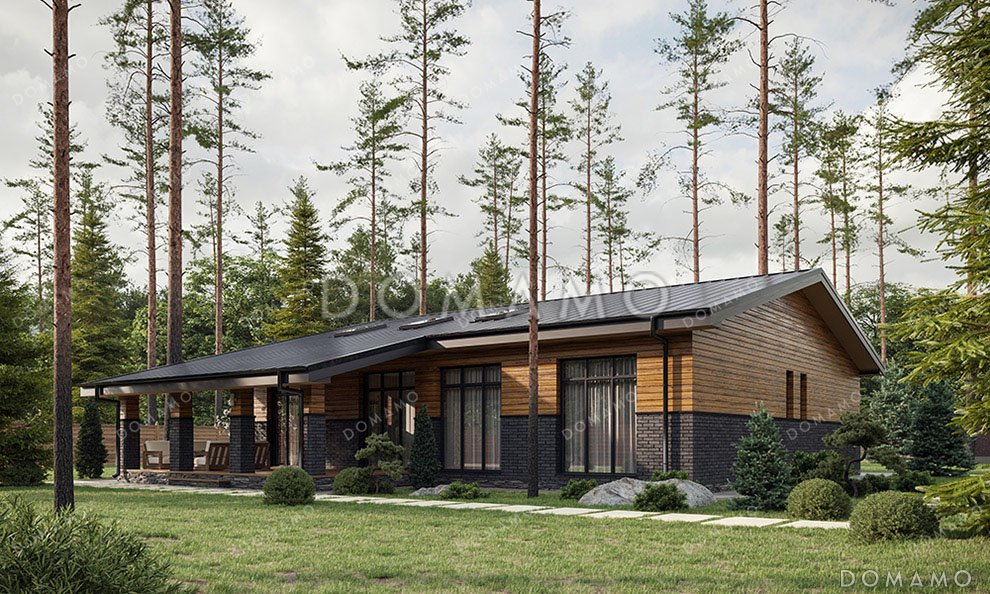 Проект одноэтажного дома с большой террасой и тремя спальнями / 1