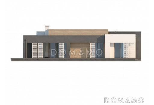 Проект одноэтажного дома из кирпича с плоской крышей, большой площадью остекления и крытой террасой, увеличенная версия / Фасад 1