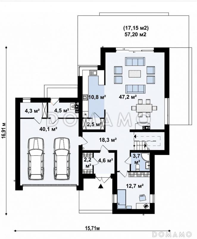 Проект просторного современного двухэтажного дома из кирпича с плоской крышей,  с четырьмя спальнями, гаражом и террасами на обоих этажах / План 1 этажа