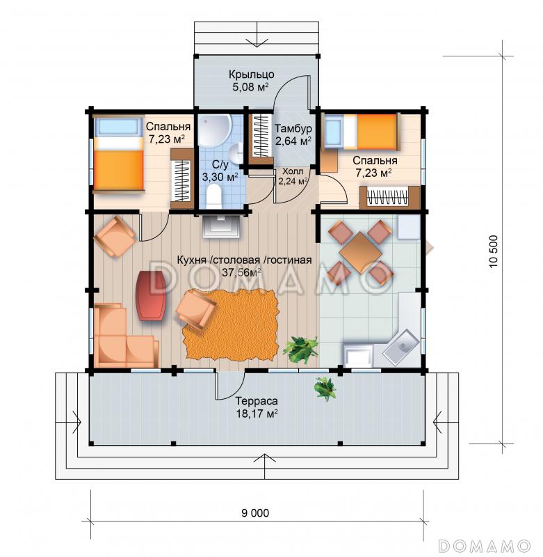 Проект дачного дома из клееного бруса / План 1 этажа