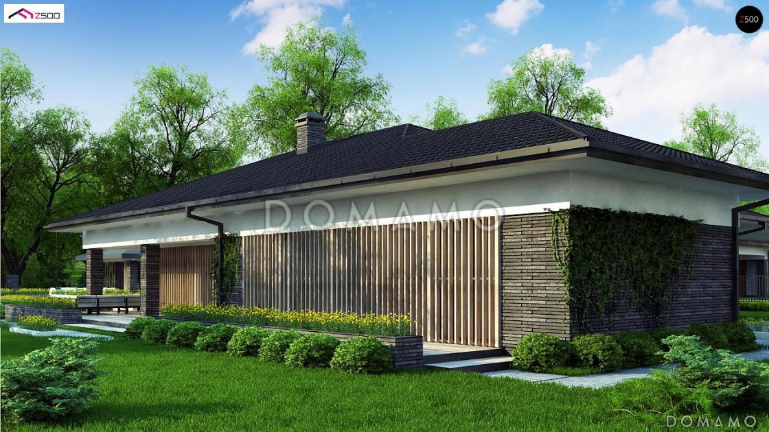 Проект просторного стильного одноэтажного дома из кирпича с тремя спальнями, гаражом и крытой террасой / 3