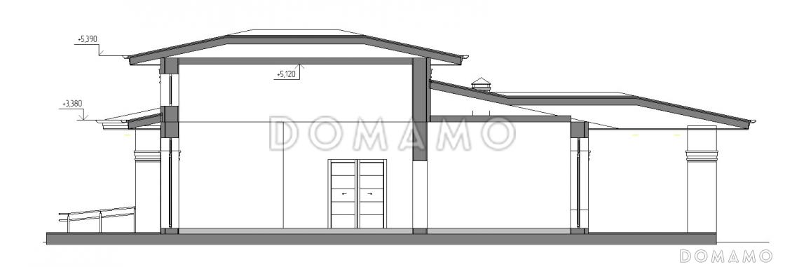 Проект одноэтажного дома с двумя террасами, кухней и гостиной в центральной части дома, сауной / 6