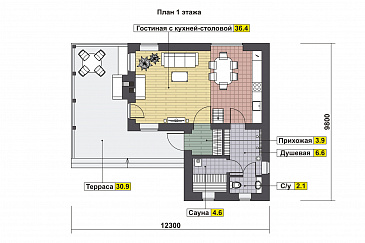 Проект дома с просторной крытой террасой с барбекю, гостиной с кухней-столовой, сауной и душевой, вторым светом и спальней на мансарде / План 1 этажа Проект дома с просторной крытой террасой с барбекю, гостиной с кухней-столовой, сауной и душевой, вторым светом и спальней на мансарде / План 1 этажа