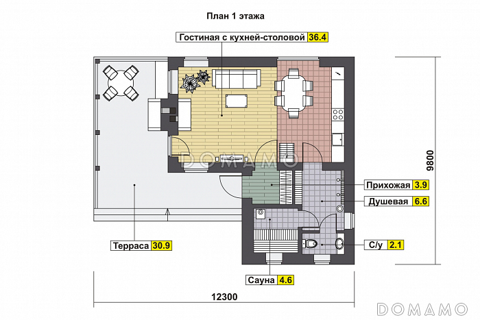 Проект дома с просторной крытой террасой с барбекю, гостиной с кухней-столовой, сауной и душевой, вторым светом и спальней на мансарде / План 1 этажа Проект дома с просторной крытой террасой с барбекю, гостиной с кухней-столовой, сауной и душевой, вторым светом и спальней на мансарде / План 1 этажа