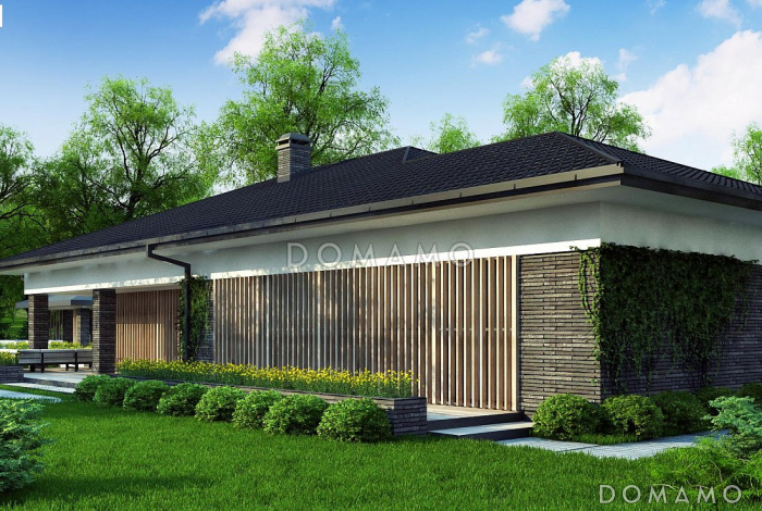 Проект просторного стильного одноэтажного дома из кирпича с тремя спальнями, гаражом и крытой террасой Проект просторного стильного одноэтажного дома из кирпича с тремя спальнями, гаражом и крытой террасой