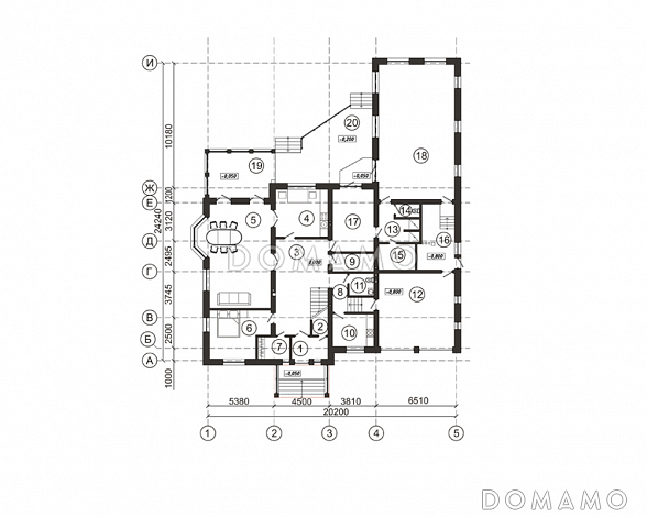Проект загородного дома с широким крыльцом / План 1 этажа