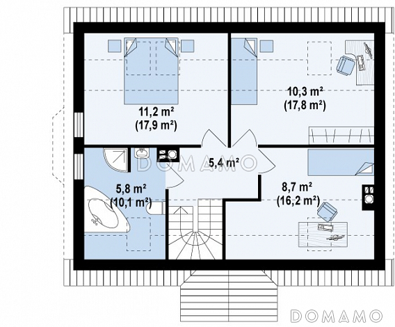 Проект одноэтажного мансардного дома из газобетона с боковым эркером / План мансардного этажа Проект одноэтажного мансардного дома из газобетона с боковым эркером / План мансардного этажа