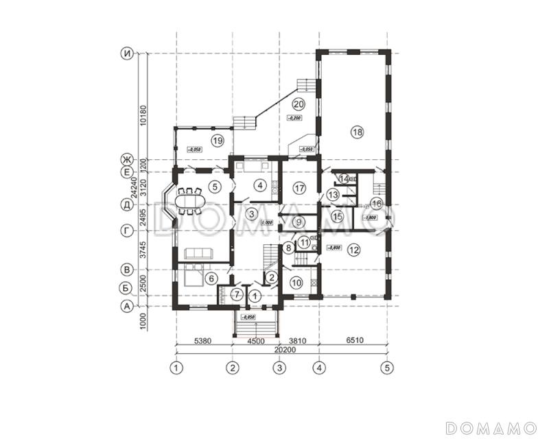 Проект загородного дома с широким крыльцом / План 1 этажа
