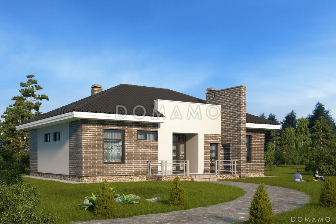 Проект одноэтажного дома с облицовкой кирпичом, двумя спальнями и кладовой / 1