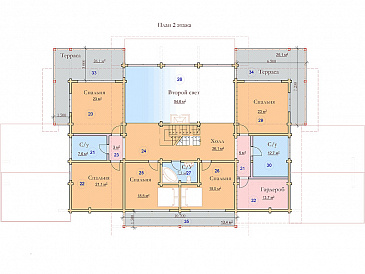 Проект двухэтажного дома из клееного бруса с красивым панорамным остеклением / План 2 этажа Проект двухэтажного дома из клееного бруса с красивым панорамным остеклением / План 2 этажа