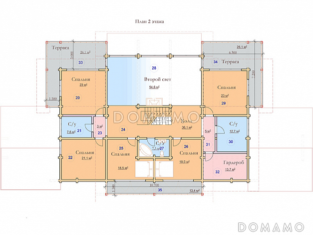Проект двухэтажного дома из клееного бруса с красивым панорамным остеклением / План 2 этажа Проект двухэтажного дома из клееного бруса с красивым панорамным остеклением / План 2 этажа