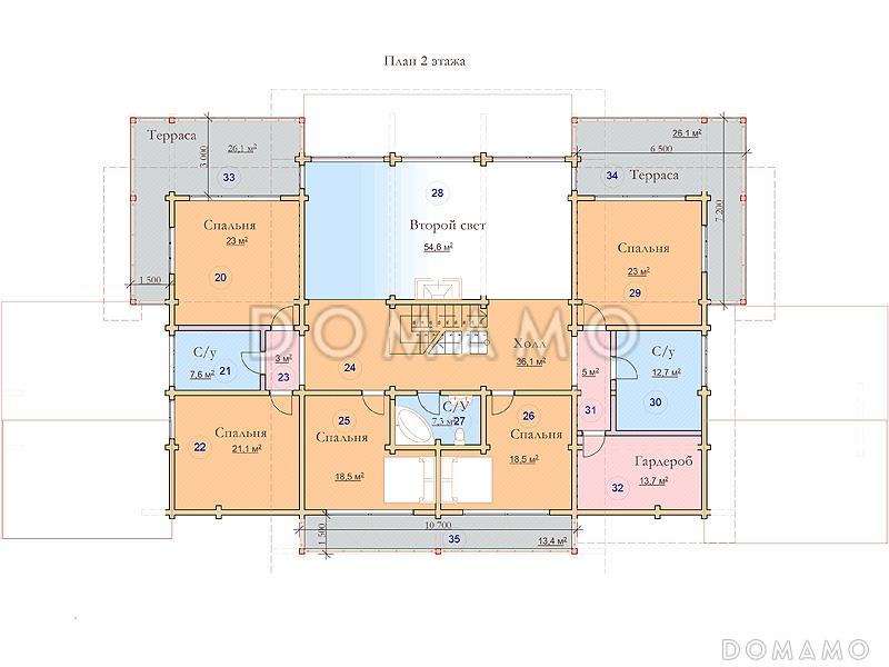 Проект двухэтажного дома из клееного бруса с красивым панорамным остеклением / План 2 этажа