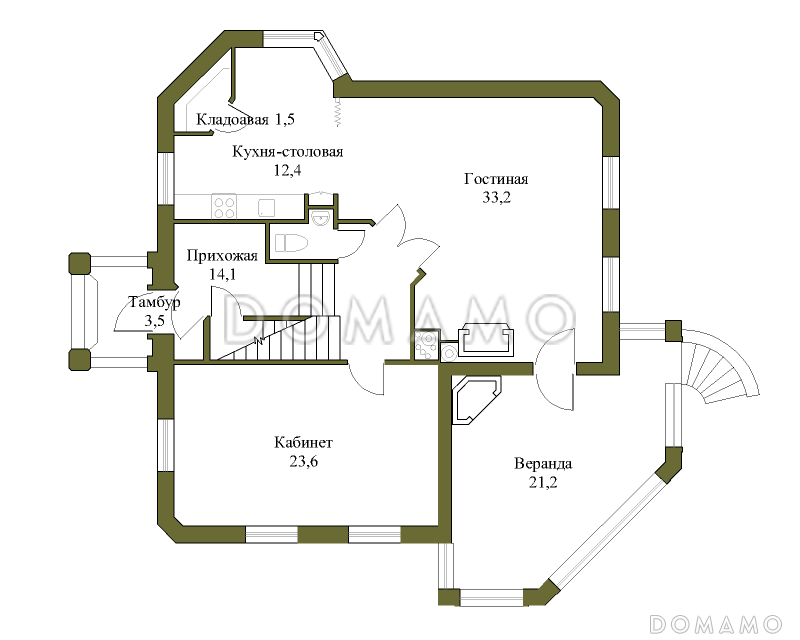 Проект коттеджа с подвалом и зимним садом из кирпича / План 1 этажа