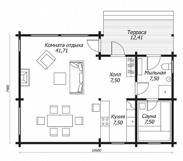 Баня из клееного бруса с панорамными окнами в комнате отдыха / План 1 этажа Баня из клееного бруса с панорамными окнами в комнате отдыха / План 1 этажа