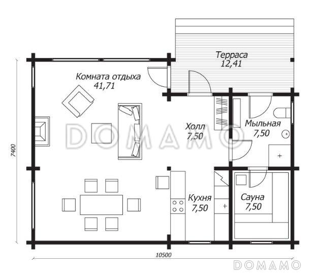 Баня из клееного бруса с панорамными окнами в комнате отдыха / План 1 этажа