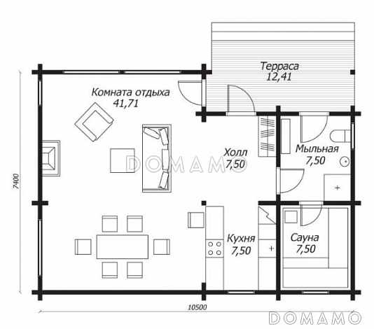 Баня из клееного бруса с панорамными окнами в комнате отдыха / План 1 этажа Баня из клееного бруса с панорамными окнами в комнате отдыха / План 1 этажа