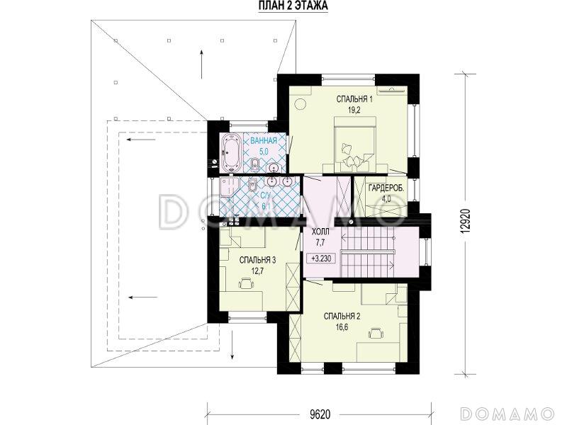 Проект двухэтажного дома с гаражом, котельной-хозкомнатой, террасой / План 2 этажа