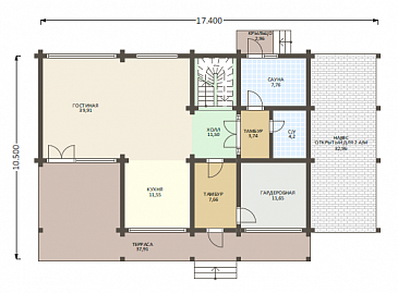 Проект деревянного дома из клееного бруса с многоуровневой крышей и навесом для авто / План 1 этажа Проект деревянного дома из клееного бруса с многоуровневой крышей и навесом для авто / План 1 этажа