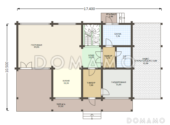 Проект деревянного дома из клееного бруса с многоуровневой крышей и навесом для авто / План 1 этажа