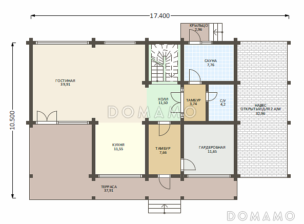 Проект деревянного дома из клееного бруса с многоуровневой крышей и навесом для авто / План 1 этажа Проект деревянного дома из клееного бруса с многоуровневой крышей и навесом для авто / План 1 этажа