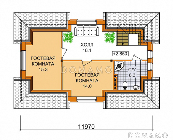 проект гаража на два автомобиля с мансардой / План мансардного этажа проект гаража на два автомобиля с мансардой / План мансардного этажа