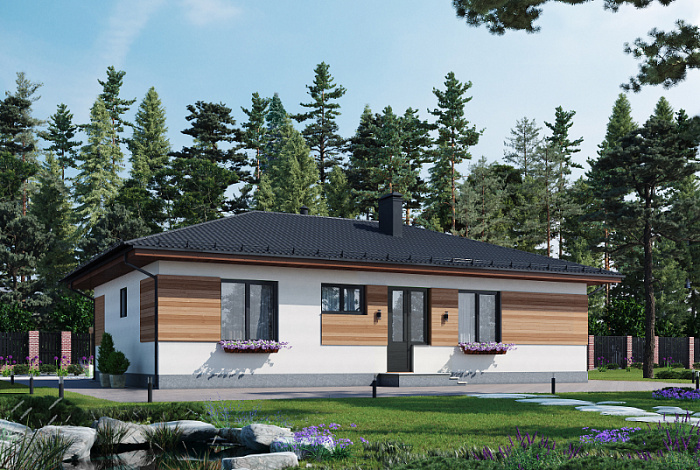 Проект одноэтажного компактного дома из газобетона с двумя спальнями, просторной дневной зоной и крытой террасой