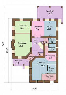 Проект двухэтажного дома с сауной и бассейном / План 1 этажа