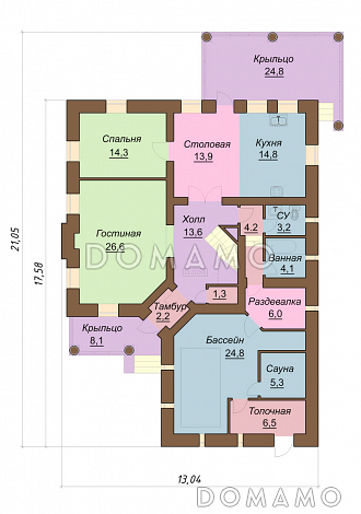 Проект двухэтажного дома с сауной и бассейном / План 1 этажа
