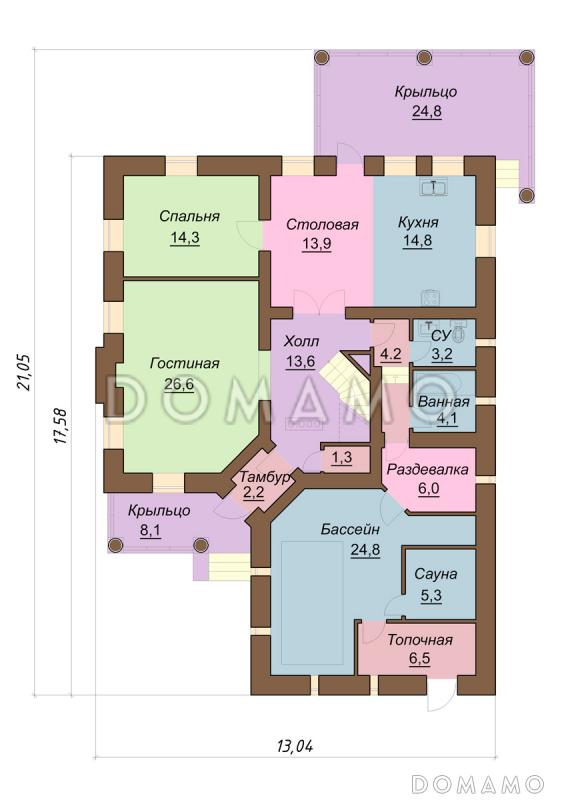 Проект двухэтажного дома с сауной и бассейном / План 1 этажа