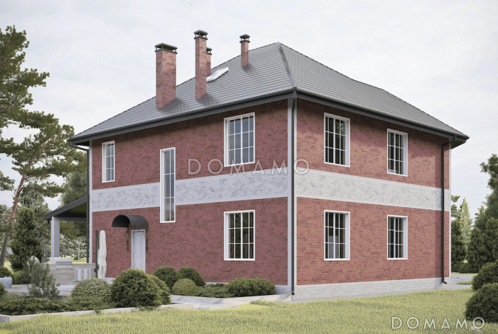 Проект дома из газобетона с эркером и навесом для автомобиля Проект дома из газобетона с эркером и навесом для автомобиля