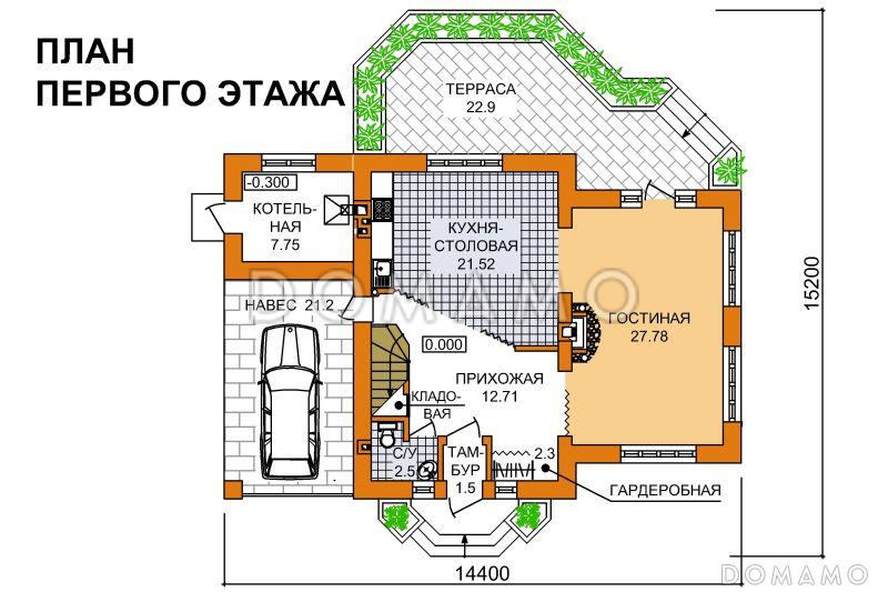 Проект дома из пеноблоков со вторым светом / План 1 этажа