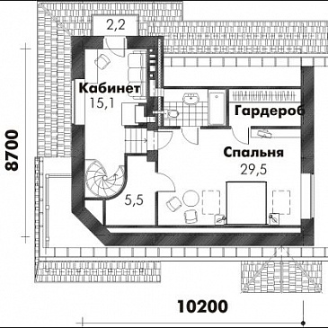 Проект трехэтажного дома из пеноблоков с просторной гостиной, балконом и кабинетом на третьем этаже / План мансардного этажа Проект трехэтажного дома из пеноблоков с просторной гостиной, балконом и кабинетом на третьем этаже / План мансардного этажа