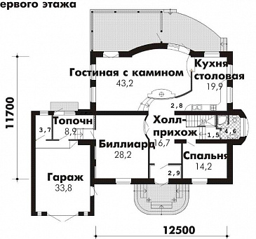 Проект комфортабельного дома с бильярдной, гаражом и гостиной с камином / План 1 этажа Проект комфортабельного дома с бильярдной, гаражом и гостиной с камином / План 1 этажа