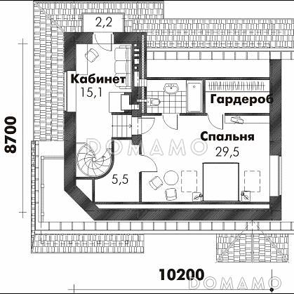 Проект трехэтажного дома из пеноблоков с просторной гостиной, балконом и кабинетом на третьем этаже / План мансардного этажа Проект трехэтажного дома из пеноблоков с просторной гостиной, балконом и кабинетом на третьем этаже / План мансардного этажа
