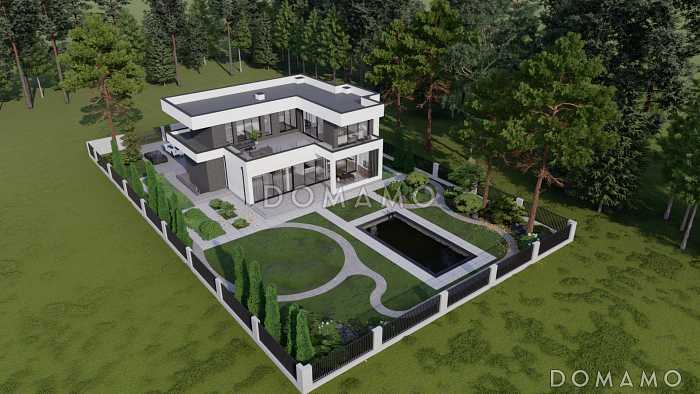 Проект крупномасштабного двухэтажного дома в стиле хай-тек с подвалом и бассейном Проект крупномасштабного двухэтажного дома в стиле хай-тек с подвалом и бассейном