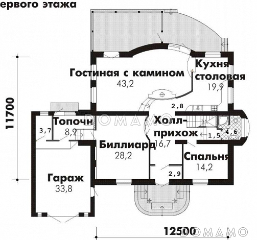 Проект комфортабельного дома с бильярдной, гаражом и гостиной с камином / План 1 этажа Проект комфортабельного дома с бильярдной, гаражом и гостиной с камином / План 1 этажа