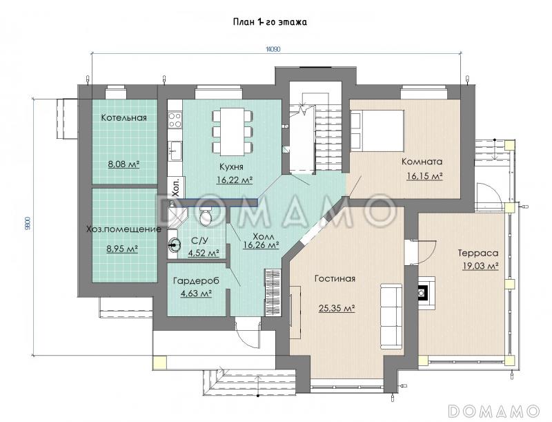 Проект двухэтажного дома с крытой террасой, ломаной гостиной, просторным холлом с выходом на лоджию / План 1 этажа