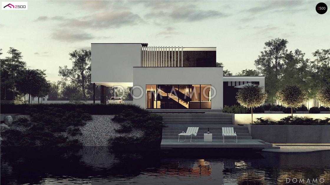 Проект современного двухуровневого дома из кирпича с несколькими террасами, двухместным гаражом и навесом / 4