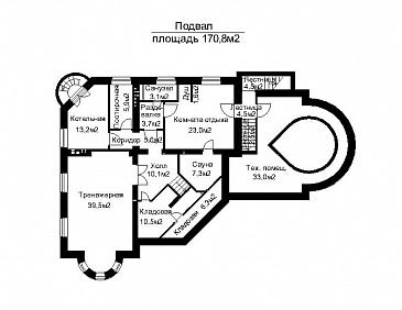 Проект дома с открытой террасой главного входа и пристроенным бассейном   / План цокольного этажа Проект дома с открытой террасой главного входа и пристроенным бассейном   / План цокольного этажа