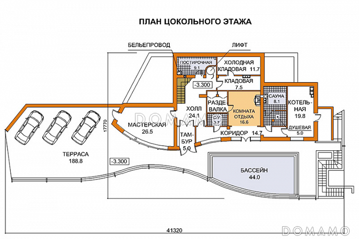 Проект дома современного дома с лифтом / План цокольного этажа Проект дома современного дома с лифтом / План цокольного этажа