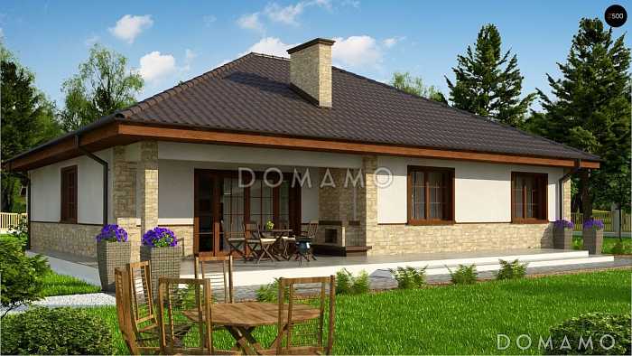 Проект одноэтажного дома с гардеробной в прихожей, просторной гостиной,  тремя спальнями, террасой