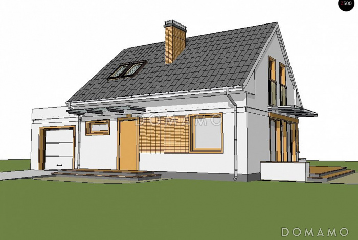Проект компактного одноэтажного мансардного дома из кирпича с дополнительной спальней на первом этаже и гаражом Проект компактного одноэтажного мансардного дома из кирпича с дополнительной спальней на первом этаже и гаражом